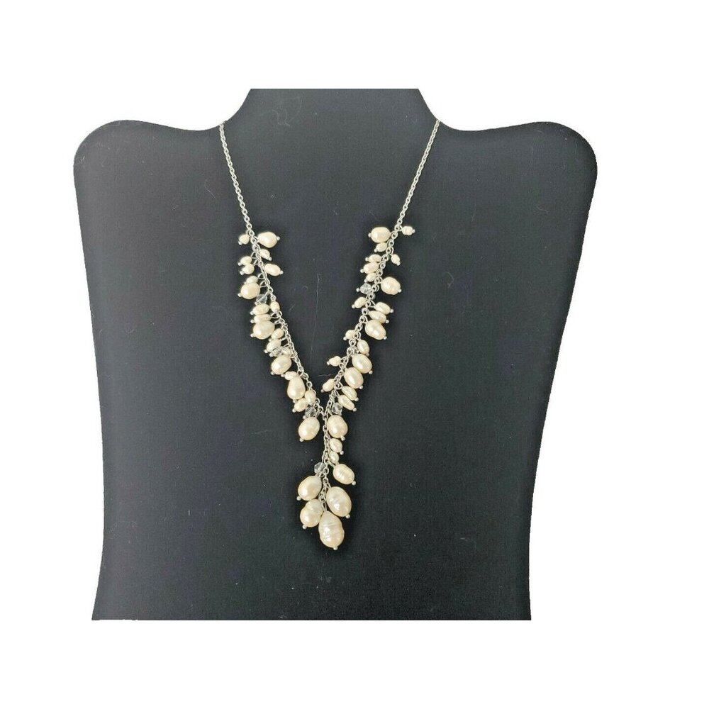 MONET Signed Necklace Choker With Faux Pearls‎ Adjustable Silver Tone 9"